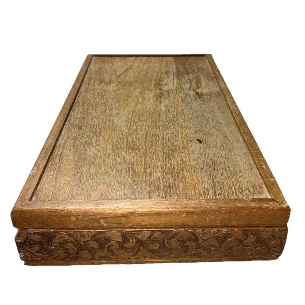 Jewelry Box Geometric Wood Carved‎ Side Velvet Mustard Lining Vintage MCM *flaws